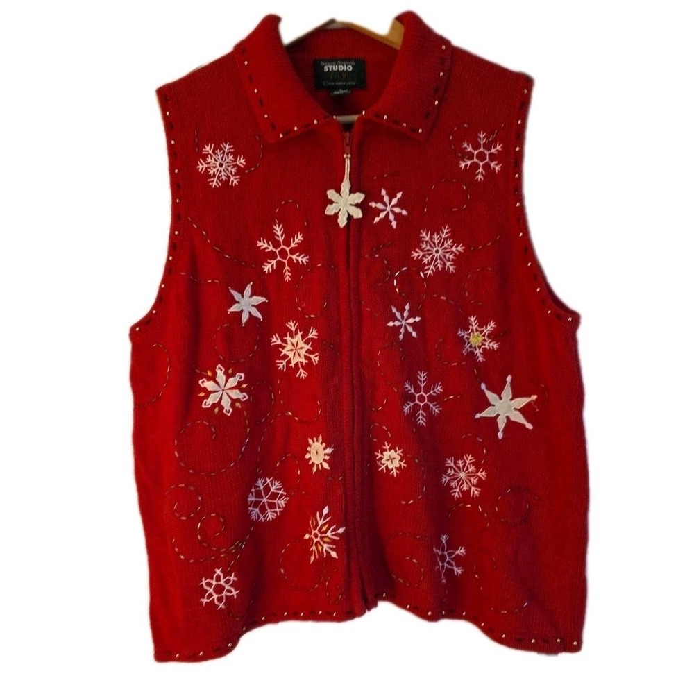 Studio JOY Red Snowflake Zip Sweater Vest XL Ramie Cotton Embroidered Holiday - Picture 2 of 9